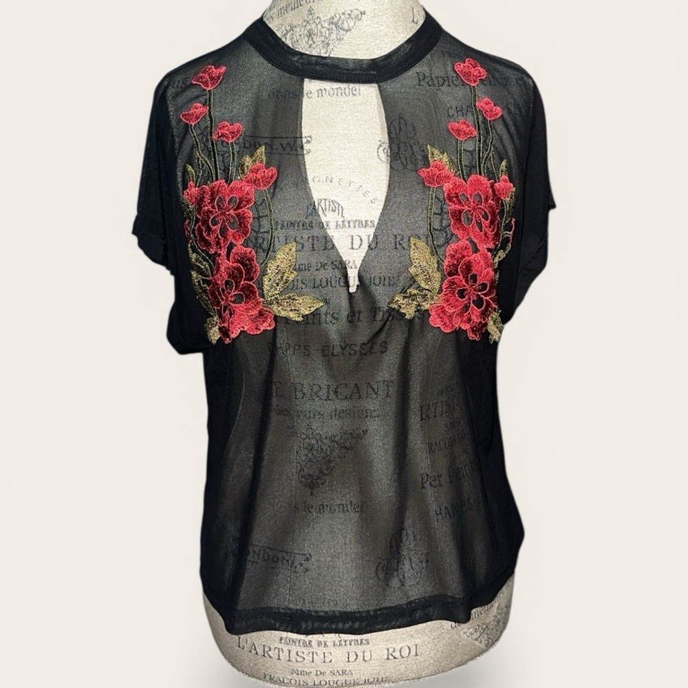 Black Sheer Embroidered Floral Tee